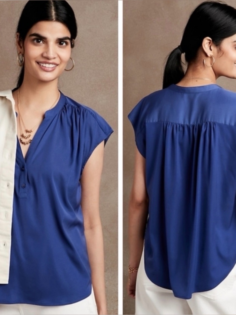 Banana Republic Cobalt Blue Cap Sleeve V-Neck Blouse